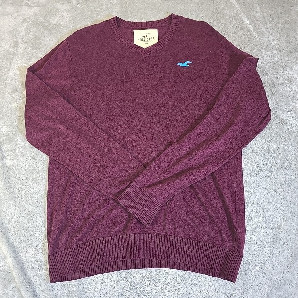 Hollister Sweater Mens Large Burgandy V Neck‎ Red Blue Logo Viscose Casual